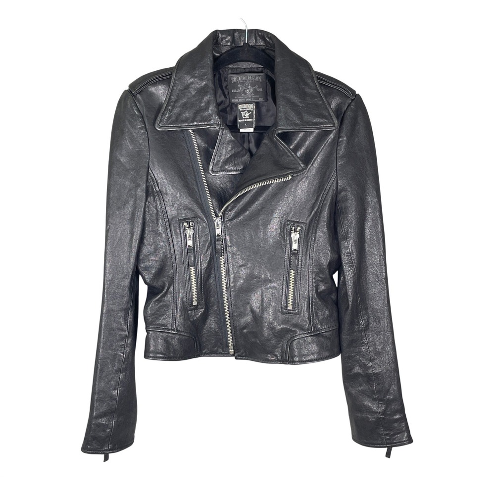 True Religion Moto Jacket Womens Large Black Excellent Lamb Skin Leather Biker